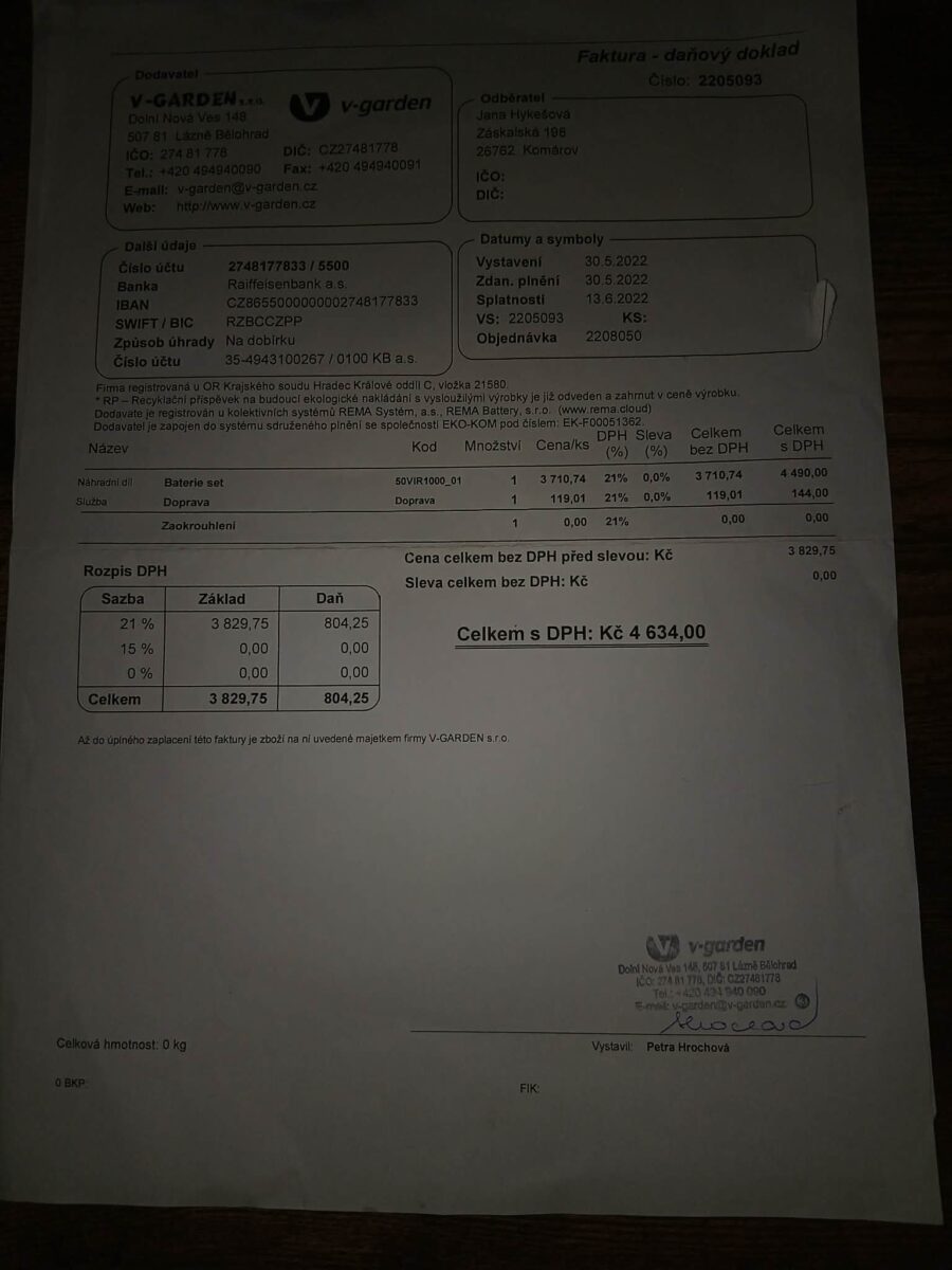 Faktura za služby zahradnické firmy včetně detailů a cenové kalkulace.