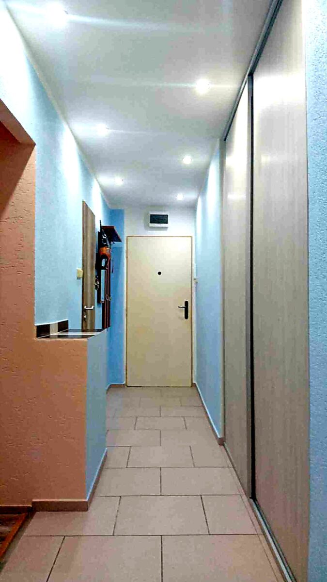 Vstupní hala s dveřmi a vestavěnou skříní v moderním bytě.